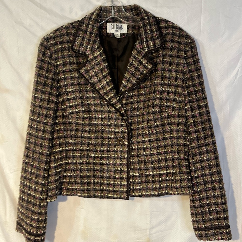 Bill Blass Vintage Women's Tweed Blazer - Black and Brown Size 18